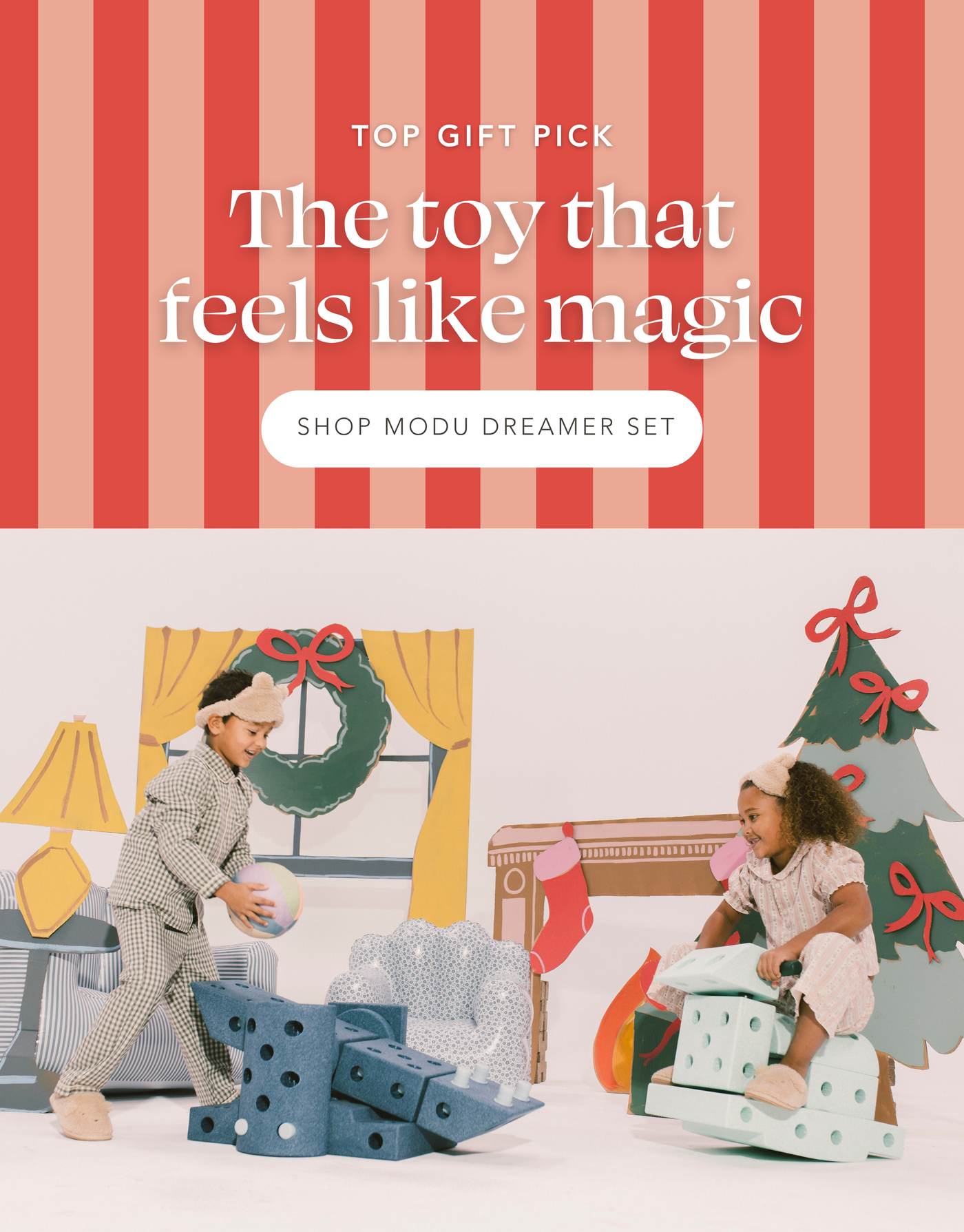 Two kids in pajamas playing with MODU Dreamer Set. One putting a ball on a toy catapult and the other rocking on a rocking horse. Top Gift Pick: The toy that feels like magic | Shop MODU